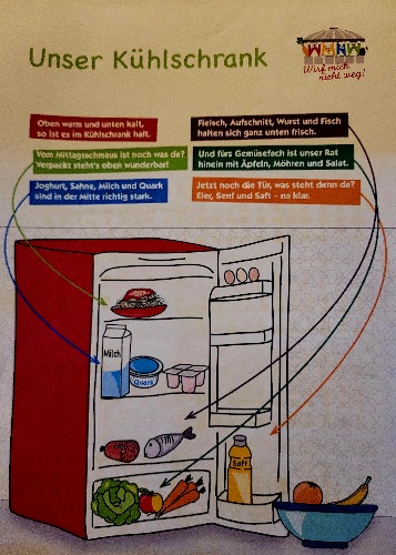 Bild eines offenen Kühlschranks mit verschiedenen Lebensmitteln, dazu 6 Merksätze zur richtigen Lagerung