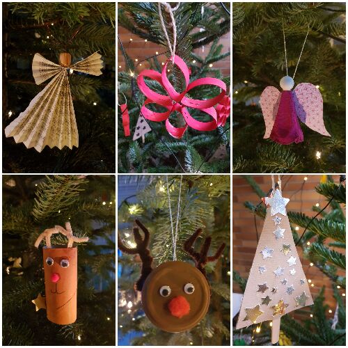 Nachhaltiger Weihnachtsbaumschmuck: Rentiere aus Klopapierrollen oder Metalldeckeln, Engel aus Eierkartons, Sterne aus Klopapierrollen und Bäume aus Karton uns Eisstielen