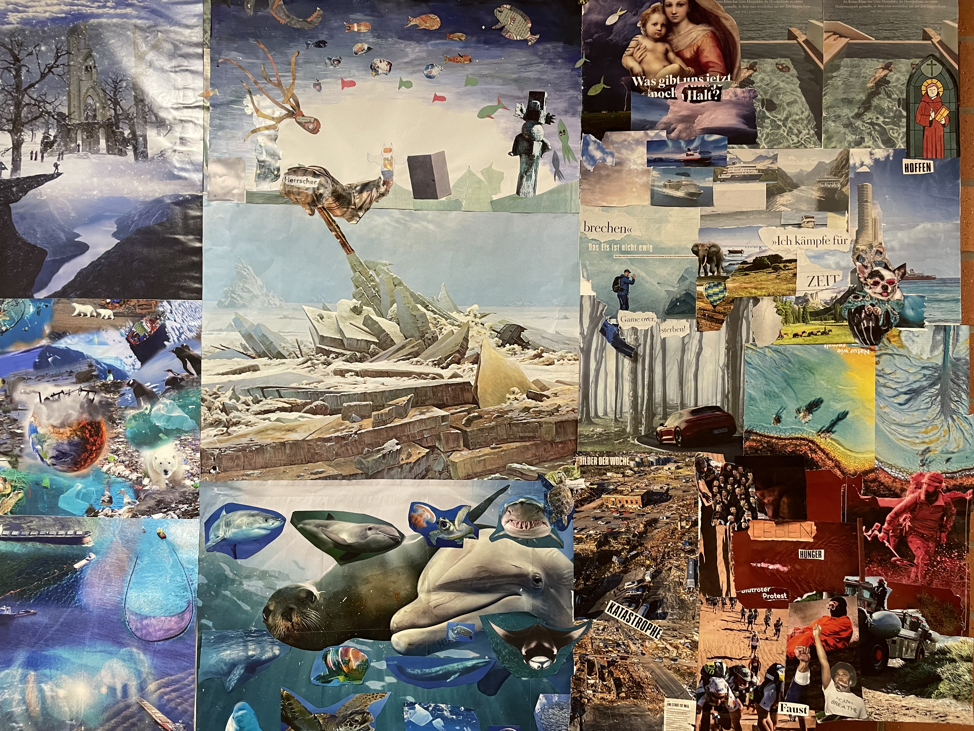 Viele Bilder und Texte aus Zeitschriften sind zu einer Collage zusammengestellt, die Tiere (Eisbären, Meerestiere) und Umweltzerstörung durch den Menschen.  