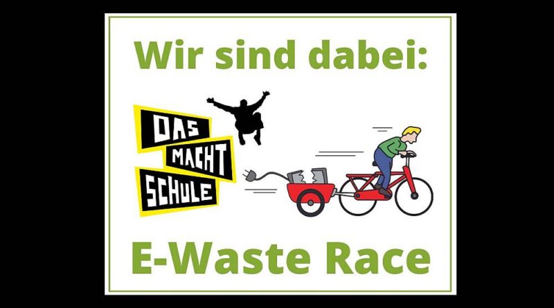 Das Bild zeigt das Logo der Aktion eWaste-Race. Zu sehen ist ein Radfahrer mit Elektroschrott im Fahrradanhänger sowie der Text Wirs sind dabei: das macht Schule . E-Waste Race