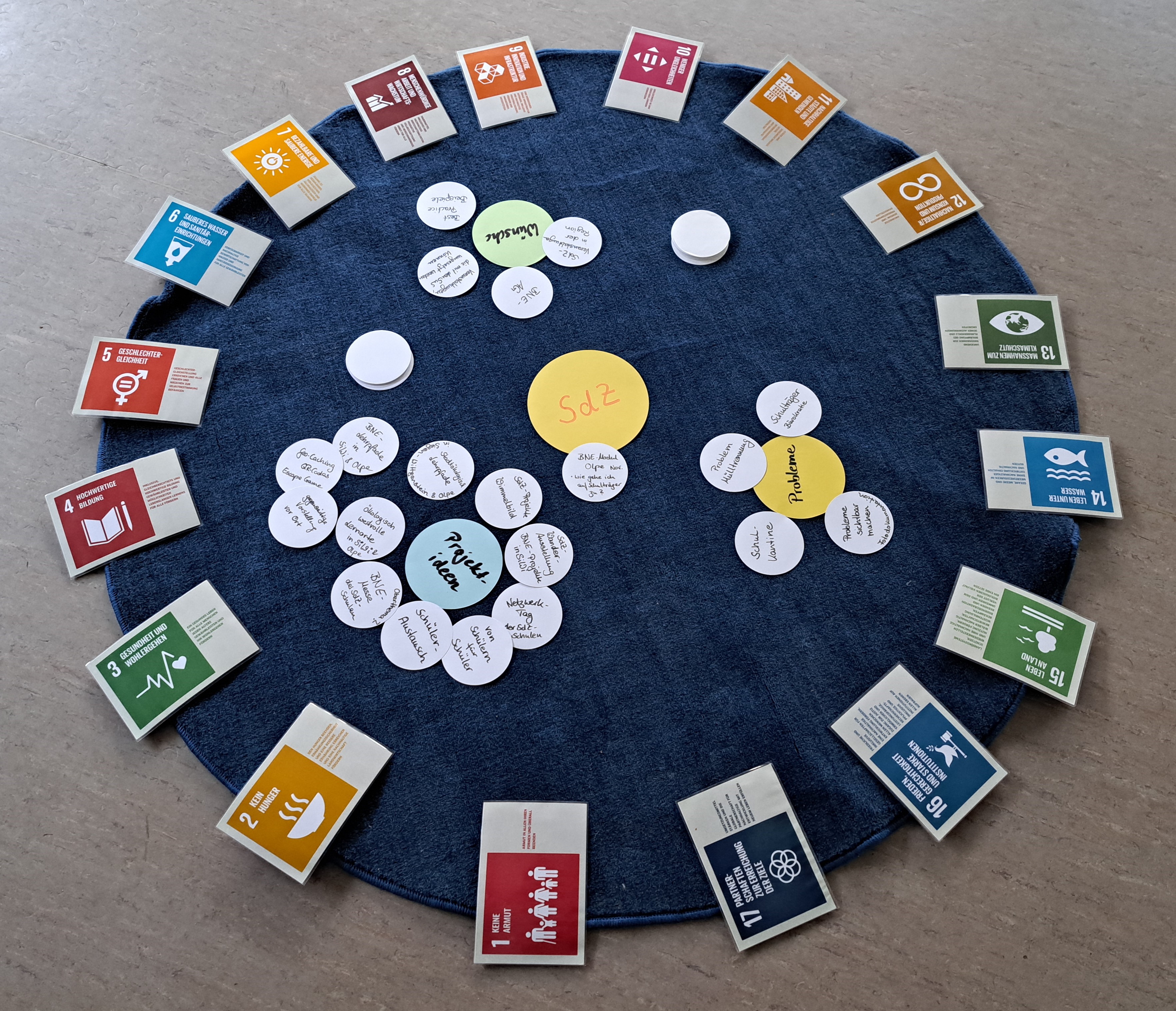 Auf einem runden blauen Teppich finden sich die vielfältigen Ideen für ein BNE-Projekt für das BNE-Netzwerk SiWi umringt von den 17 SDGs