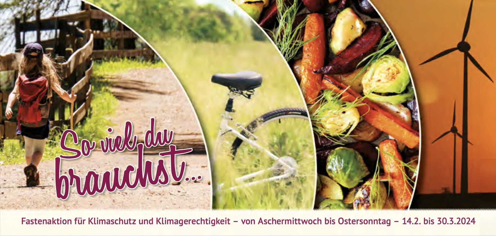 Man sieht ein Kind, ein Fahrrad, Obst und Windkrafträder. Es steht geschrieben: 