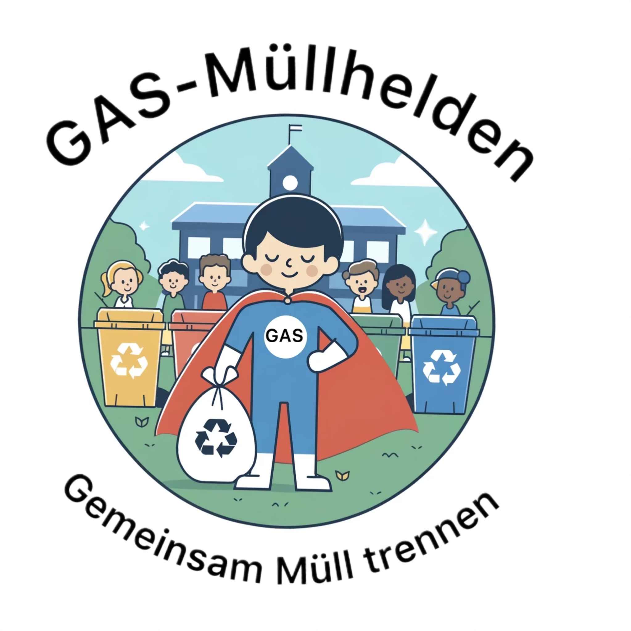 Zu sehen ist das Logo der Müllhelden-Aktion. ein Superheld mit Mülltüten in der Hand  und Kinder entsorgen den Müll in die richtigen Tonnen entsorgen ist zu sehen.